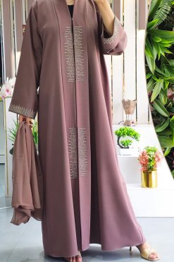 3924 2 1 Exquisite Brown Abaya with Bead-Embellished Collar Style for a Touch of Elegance