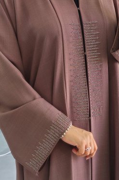 3924 3 1 Exquisite Brown Abaya with Bead-Embellished Collar Style for a Touch of Elegance