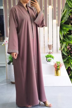 3924 5 1 Exquisite Brown Abaya with Bead-Embellished Collar Style for a Touch of Elegance