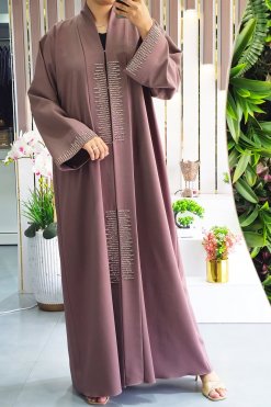 3924 6 1 Exquisite Brown Abaya with Bead-Embellished Collar Style for a Touch of Elegance