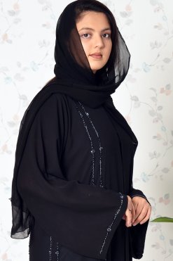 3925 2 1 Beads Embellished Black Double Chiffon Abaya
