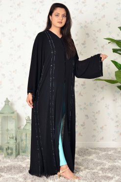 3925 3 1 Beads Embellished Black Double Chiffon Abaya