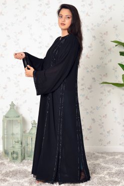 3925 4 1 Beads Embellished Black Double Chiffon Abaya