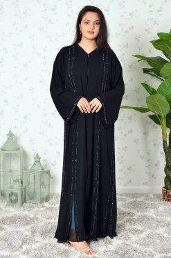 3925 5 1 Beads Embellished Black Double Chiffon Abaya