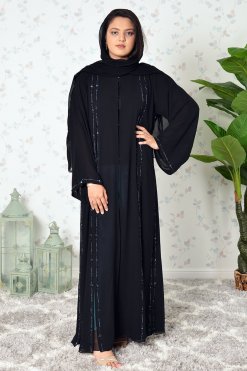 3925 6 1 Beads Embellished Black Double Chiffon Abaya