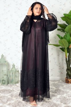 3933 6 Radiate Elegance In Our Stone-Embellished Embroidered Organza Abaya