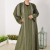 3934 1 Beads Embellished Embroidered Green Abaya with Shoulder Pleated Sleeves