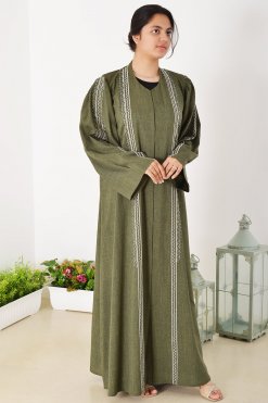 3934 3 Beads Embellished Embroidered Green Abaya with Shoulder Pleated Sleeves