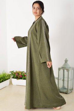 3934 4 Beads Embellished Embroidered Green Abaya with Shoulder Pleated Sleeves