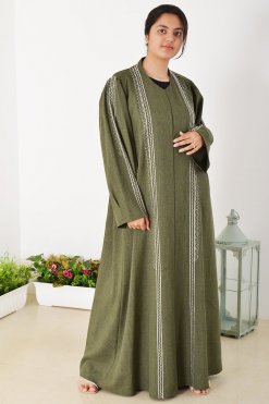 3934 5 Beads Embellished Embroidered Green Abaya with Shoulder Pleated Sleeves