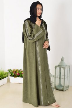 3934 6 Beads Embellished Embroidered Green Abaya with Shoulder Pleated Sleeves