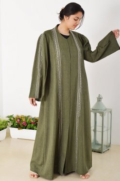 3934 7 Beads Embellished Embroidered Green Abaya with Shoulder Pleated Sleeves