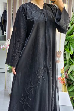 3935 4 Beads Embellished Organza Abaya with Lining