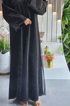 3935 6 Beads Embellished Organza Abaya with Lining