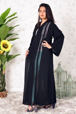 Beads and Lace Embellished Black Chiffon Abaya 7 3937 3 Beads and Lace Embellished Black Chiffon Abaya