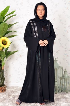 Beads and Lace Embellished Black Chiffon Abaya 9 3937 5 Beads and Lace Embellished Black Chiffon Abaya