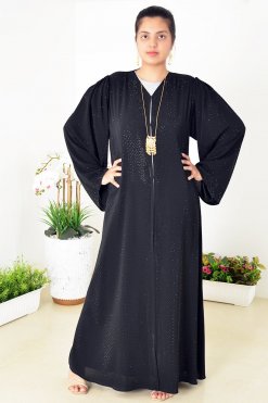 عباية شيفون مزدوجة سوداء مزينة بزخارف حجرية مذهلة 3939 5 Double Chiffon Black Abaya Adorned With Stunning Stone Embellishments