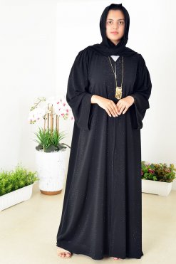 عباية شيفون مزدوجة سوداء مزينة بزخارف حجرية مذهلة 3939 6 1 Double Chiffon Black Abaya Adorned With Stunning Stone Embellishments