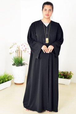 عباية شيفون مزدوجة سوداء مزينة بزخارف حجرية مذهلة 3939 7 2 Double Chiffon Black Abaya Adorned With Stunning Stone Embellishments
