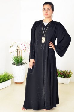 عباية شيفون مزدوجة سوداء مزينة بزخارف حجرية مذهلة 3939 8 2 Double Chiffon Black Abaya Adorned With Stunning Stone Embellishments