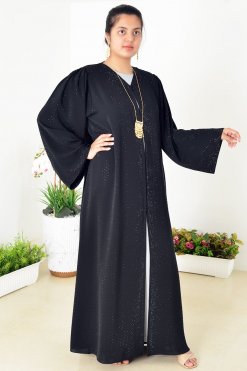 عباية شيفون مزدوجة سوداء مزينة بزخارف حجرية مذهلة 3939 9 2 Double Chiffon Black Abaya Adorned With Stunning Stone Embellishments