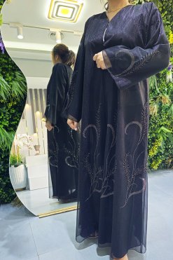3943 3 2 Organza Abaya Adorned with Beads, Stones, and Lining for a Luxurious Touch