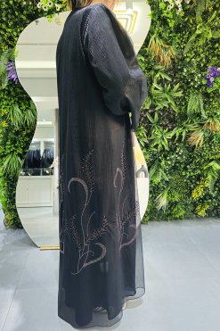 3943 4 2 Organza Abaya Adorned with Beads, Stones, and Lining for a Luxurious Touch