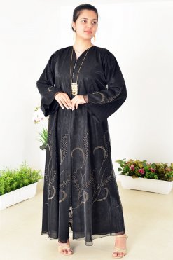 3943 5 2 Organza Abaya Adorned with Beads, Stones, and Lining for a Luxurious Touch