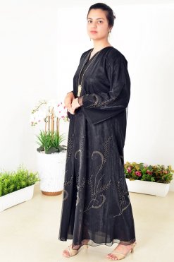 3943 7 2 Organza Abaya Adorned with Beads, Stones, and Lining for a Luxurious Touch