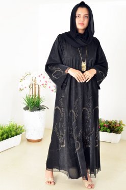 3943 8 1 Organza Abaya Adorned with Beads, Stones, and Lining for a Luxurious Touch