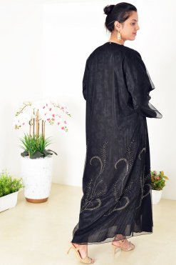 3943 9 1 Organza Abaya Adorned with Beads, Stones, and Lining for a Luxurious Touch