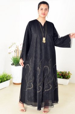 3943 10 1 Organza Abaya Adorned with Beads, Stones, and Lining for a Luxurious Touch