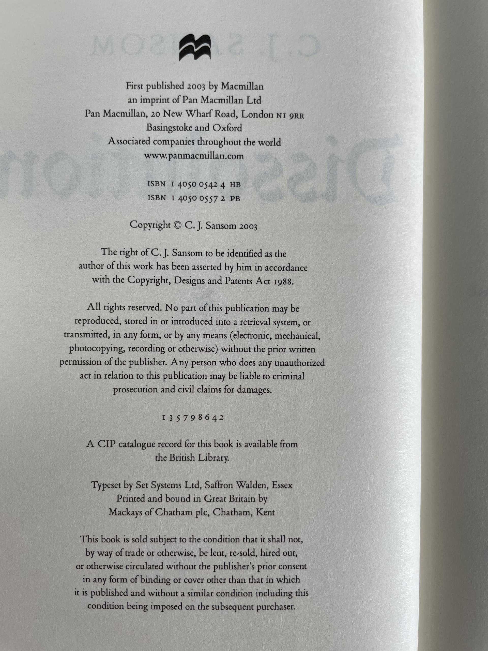 cj sansom dissoluation first ed2