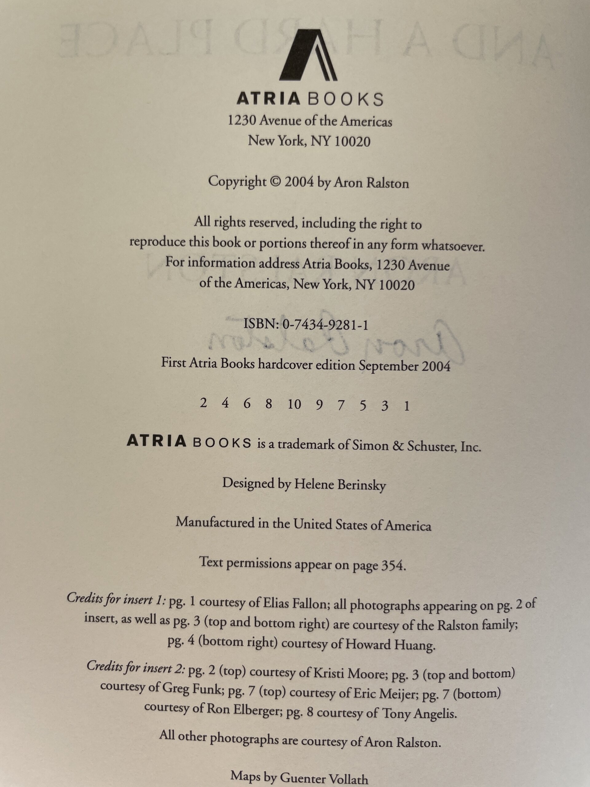 aron ralston between and rock and hard place signed first2