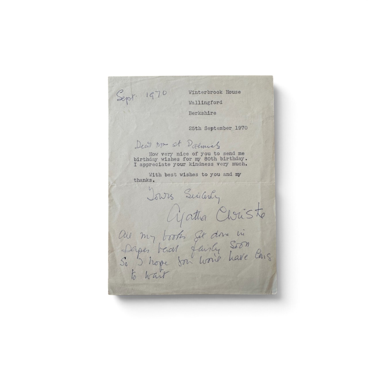 Agatha Christie signed letter to Mme Dalimers