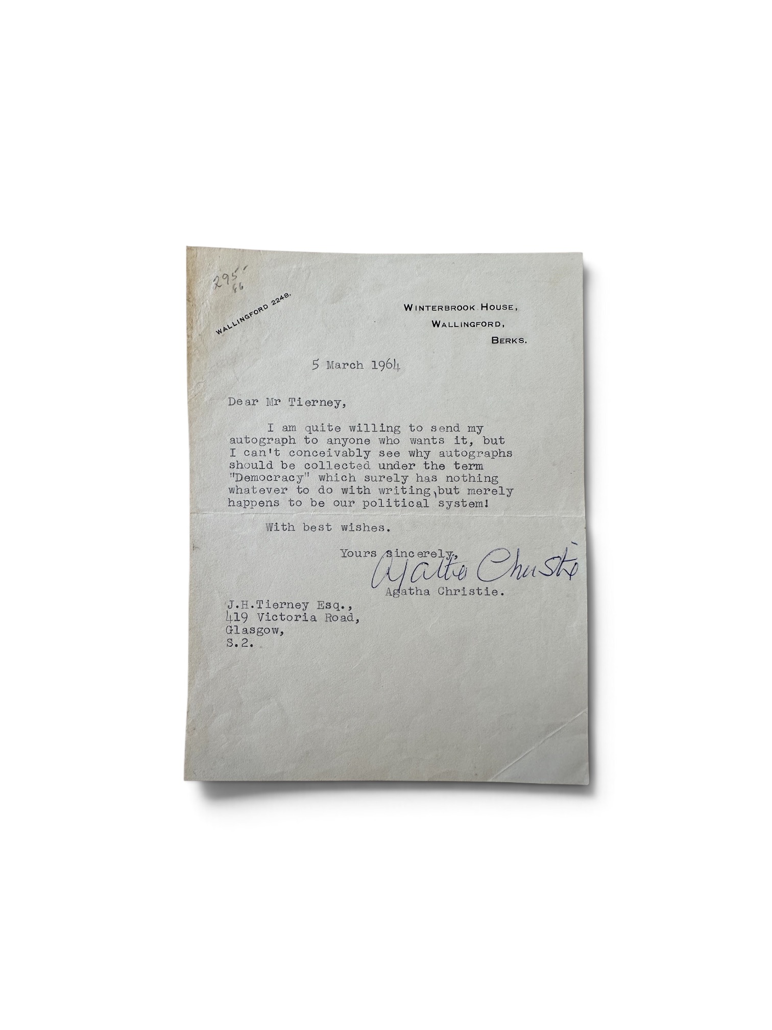 Agatha Christie - SIGNED letter to Tierney