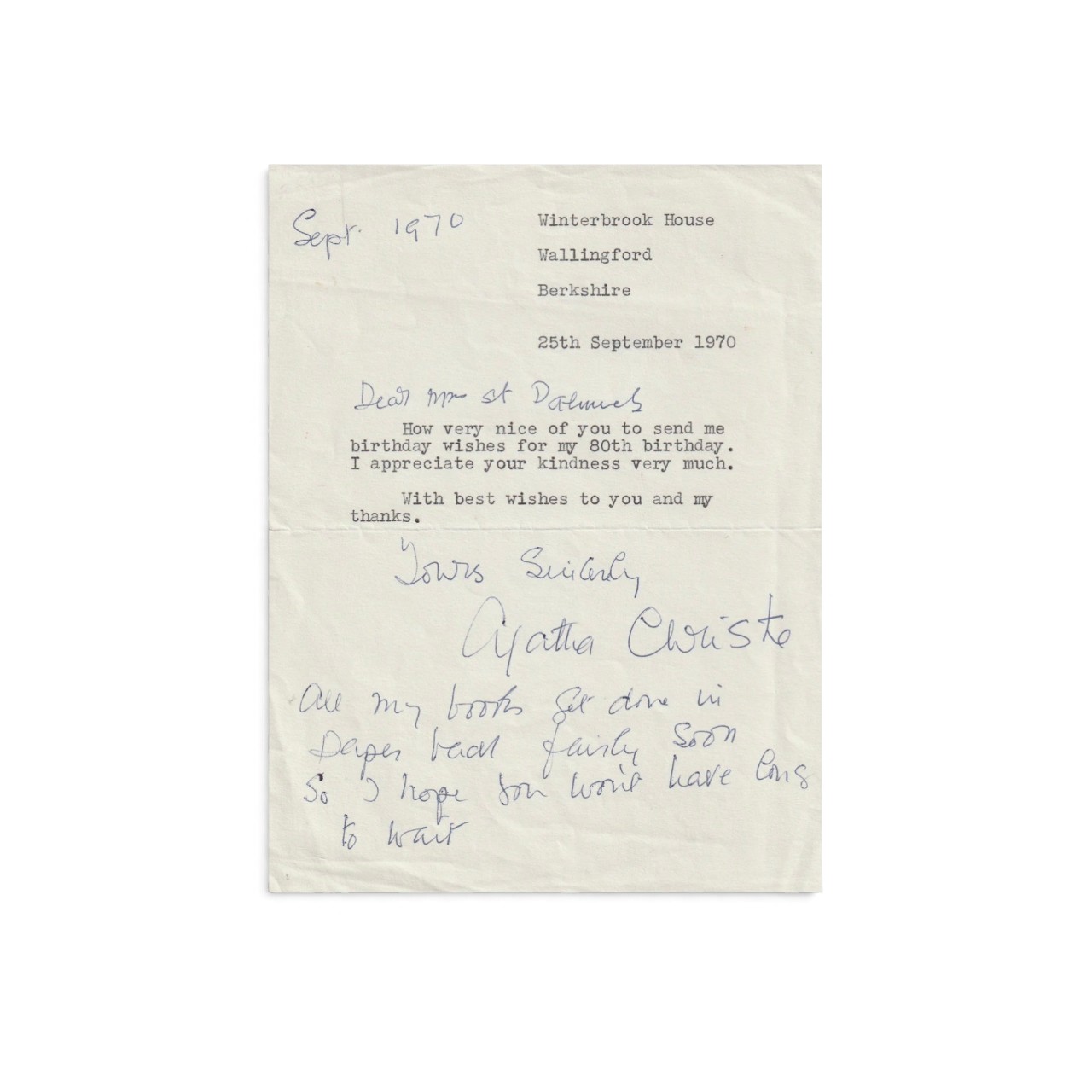 agatha christie signed letter discussing paperbacks