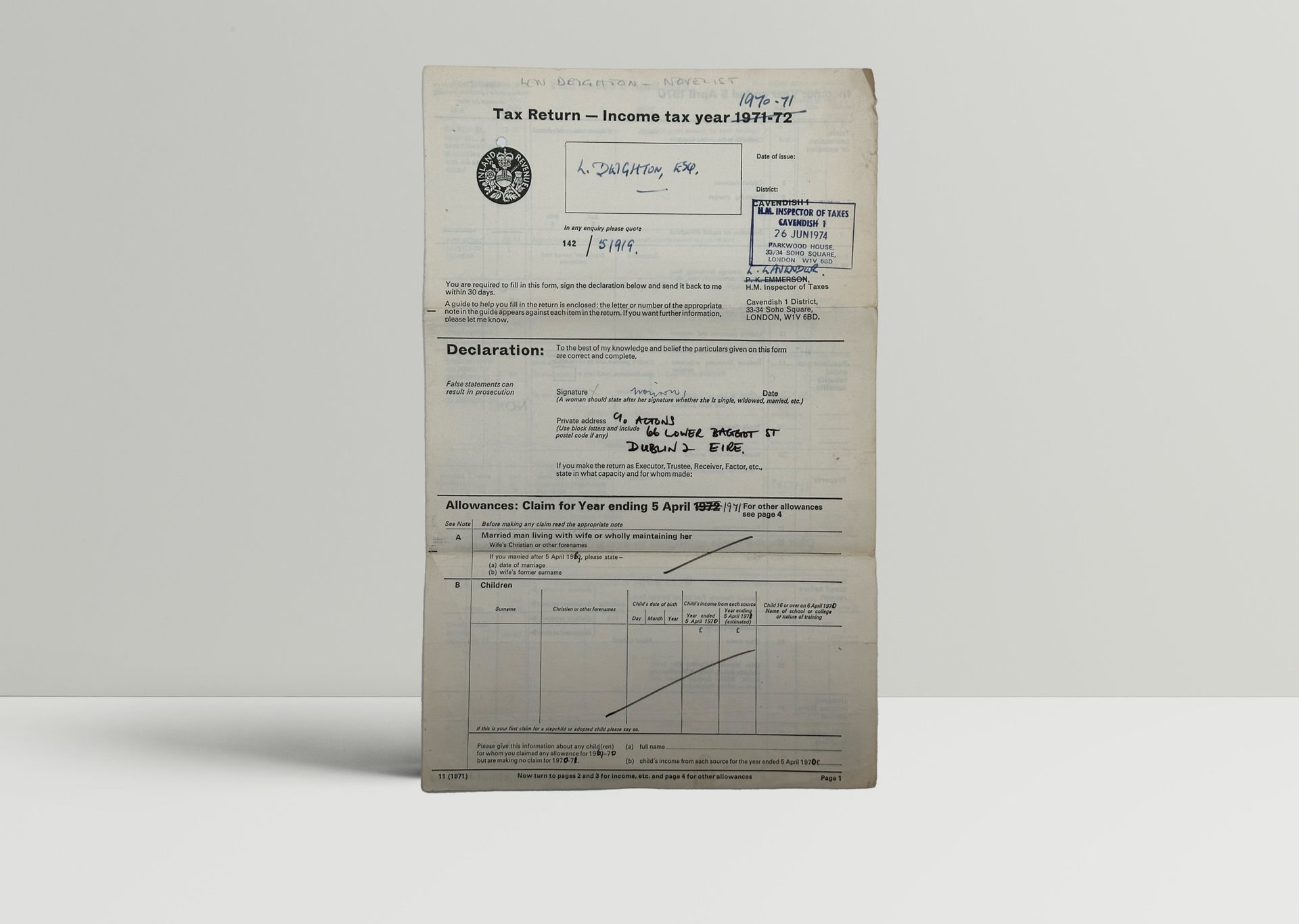 Len Deighton - Tax Return For the Year 1970-71