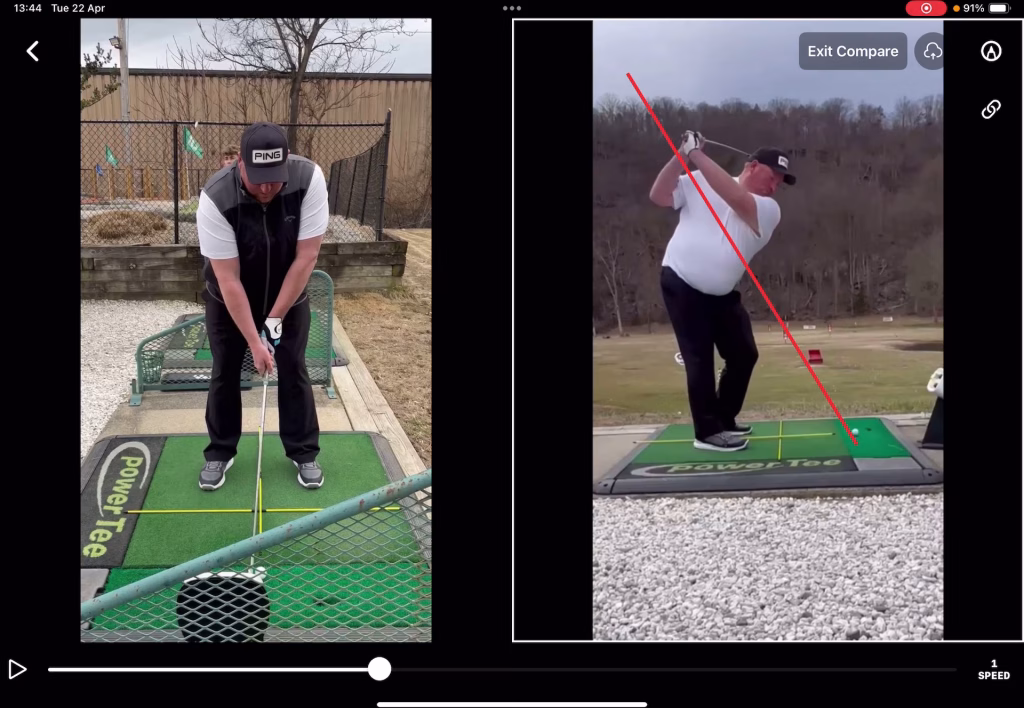 Student swing footage shown side by side for a 30-day follow-up review as part of a Golf Schools package.