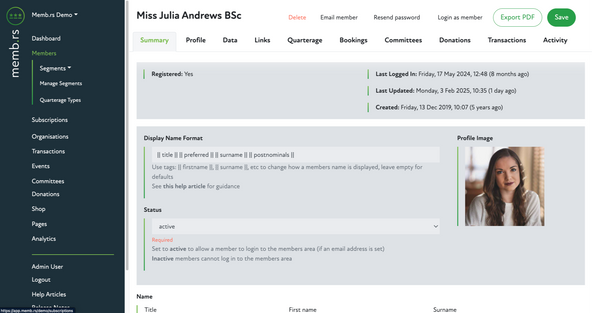 screenshots of Memb.rs member management system