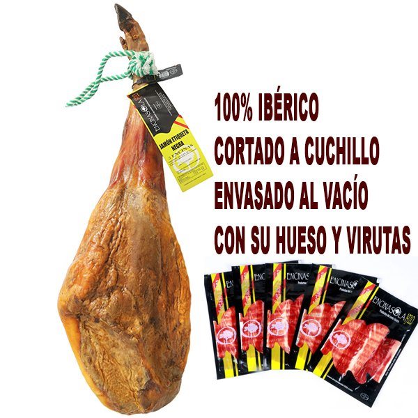 100% ibérico Bellota, Jamón CORTADO a cuchillo con su hueso y virutas.-izquierda