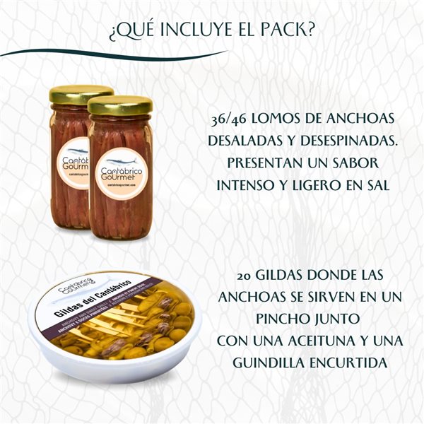 36-46 Handgemachte extra Anchoas-Filets aus Santoña (200 g) + 20 Gildas aus Anchoas vom Kantabrischen Meer in Olivenöl (600 g) | Verschiedene Gourmet-Pakete | Hergestellt von Casa Santoña-detalle