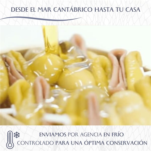 36-46 Handgemachte extra Anchoas-Filets aus Santoña (200 g) + 20 Gildas aus Anchoas vom Kantabrischen Meer in Olivenöl (600 g) | Verschiedene Gourmet-Pakete | Hergestellt von Casa Santoña-izquierda