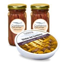 36-46 Handgemachte extra Anchoas-Filets aus Santoña (200 g) + 20 Gildas aus Anchoas vom Kantabrischen Meer in Olivenöl (600 g) | Verschiedene Gourmet-Pakete | Hergestellt von Casa Santoña