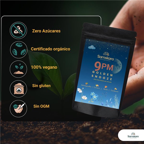 21 heures GEL D'OR POUR UNE SIESTE | Poudre de lait doré au curcuma + reishi + psyllium + ashwagandha + noix de coco et plus + Pour un sommeil profond et un équilibre digestif avec des fibres + Adaptogènes + Mélange d'experts-detalle