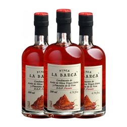 Aceite de Oliva Norte Extremeña Finca La Barca y de La Vera Arbequina Tradicional, Condimento, AOVE Virgen Extra Botellín 20 cl Vidrio Spicy — Picante, Pimentón (Caja de 3 unidades)