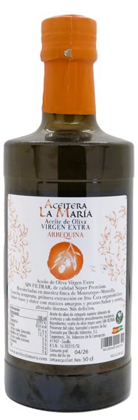 Huile d'olive vierge extra 50 cl Arbequina en cristal récolte 2024-2025-lateral