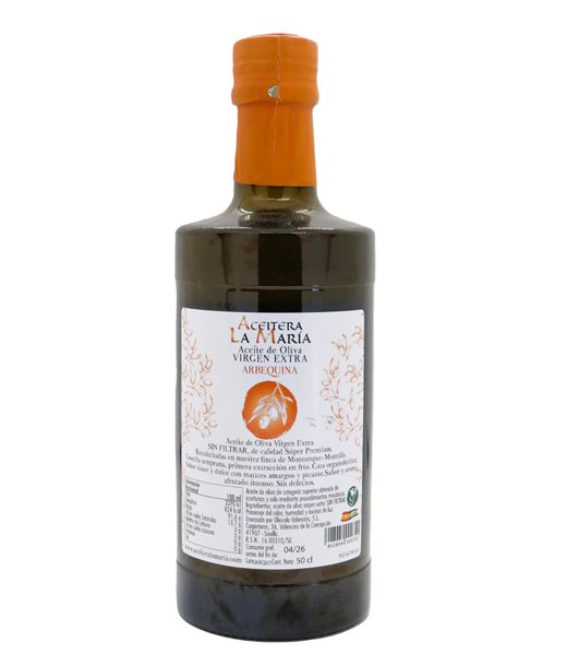 Huile d'olive vierge extra 50 cl Arbequina en cristal récolte 2024-2025-trasera