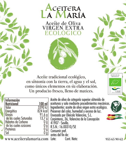 Aceite de Oliva Virgen Extra Ecológico 5 L Pet Cosecha 2024-2025-lateral