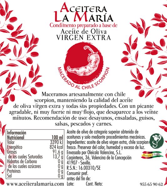 Huile d'olive vierge extra macérée avec du Scorpion extra épicé du CHILI 50 avec verseur en métal-lateral
